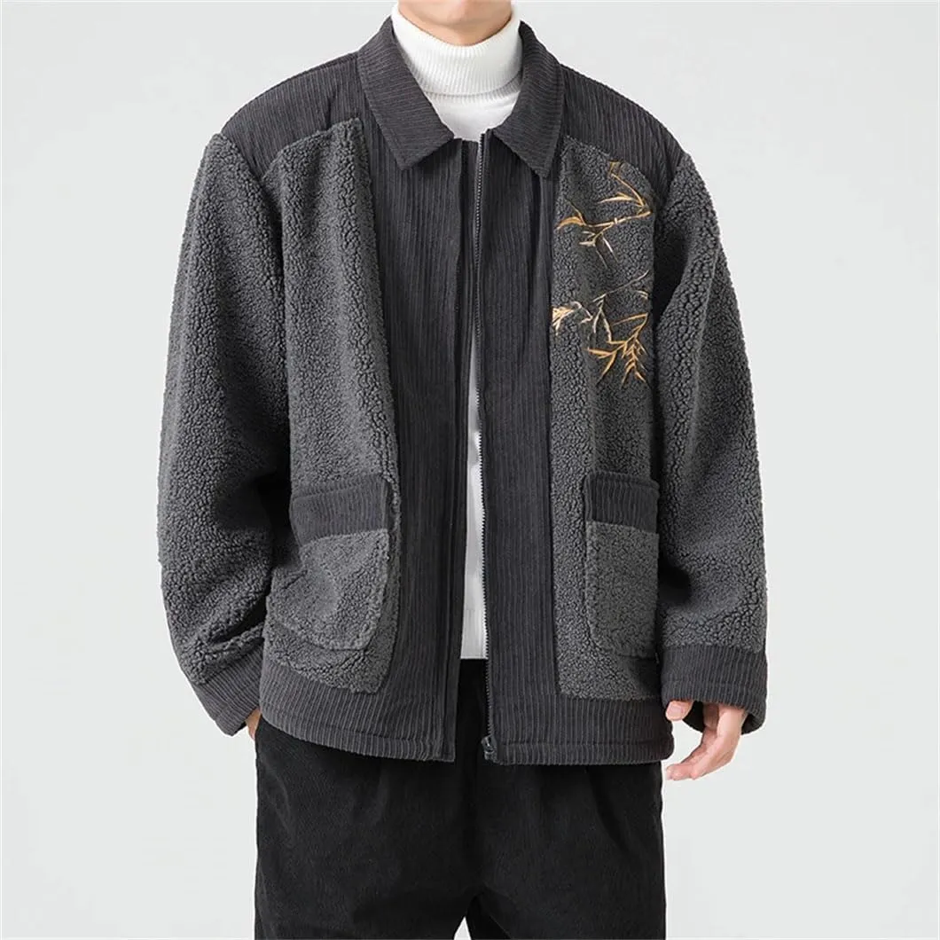 DBFBDTU Men Chinese Style Coat Casual Vintage Cotton Padded Jackets Outerwear Lamb Wool Patchwork Jackets