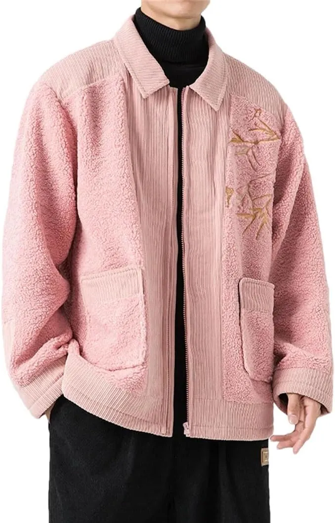 DBFBDTU Men Chinese Style Coat Casual Vintage Cotton Padded Jackets Outerwear Lamb Wool Patchwork Jackets