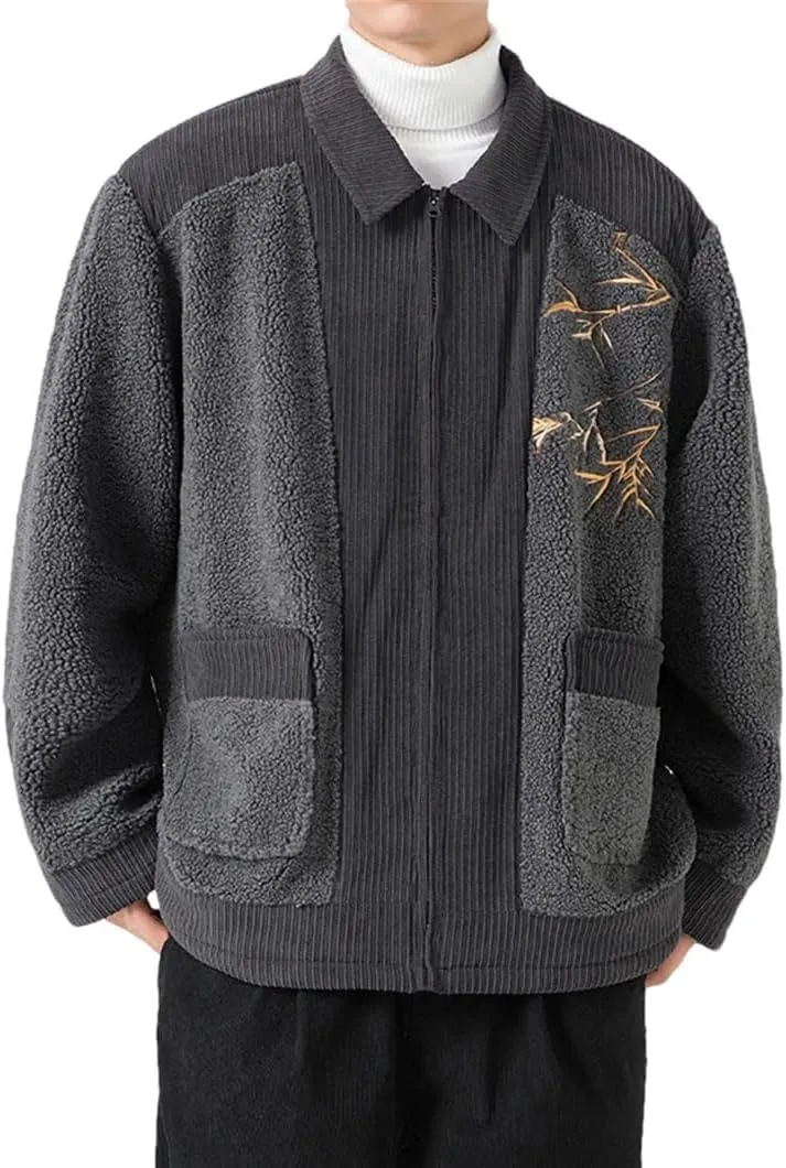 DBFBDTU Men Chinese Style Coat Casual Vintage Cotton Padded Jackets Outerwear Lamb Wool Patchwork Jackets