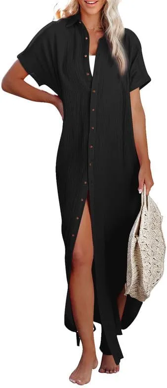Dokotoo Womens Casual Short Sleeve Side Split Button Down Long Kimonos Cardigans Swimsuit Cover Ups Summer Beach Dress