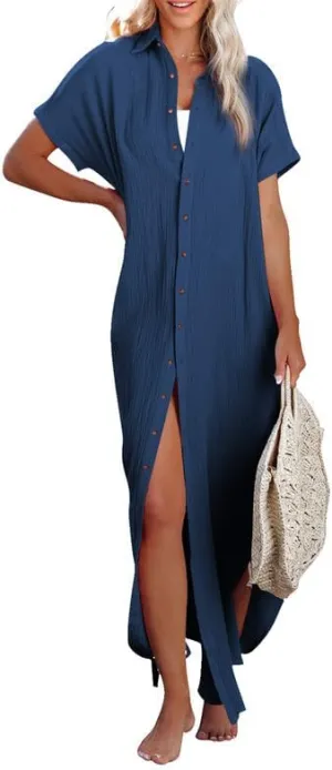 Dokotoo Womens Casual Short Sleeve Side Split Button Down Long Kimonos Cardigans Swimsuit Cover Ups Summer Beach Dress