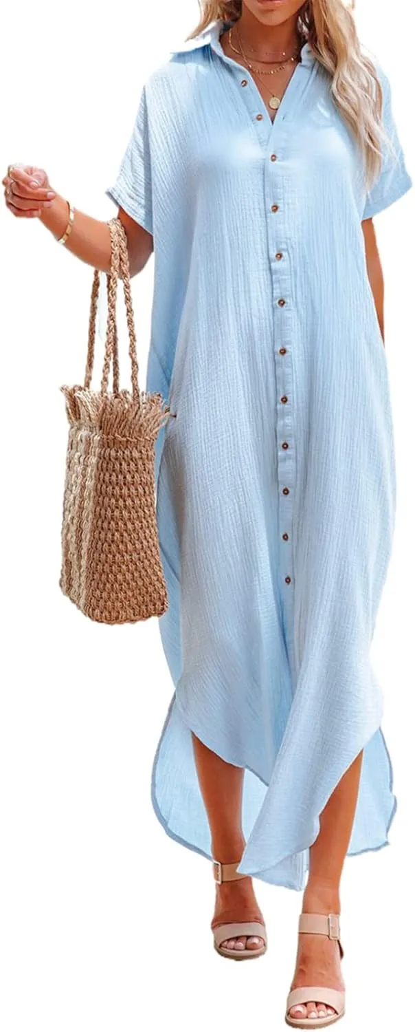 Dokotoo Womens Casual Short Sleeve Side Split Button Down Long Kimonos Cardigans Swimsuit Cover Ups Summer Beach Dress