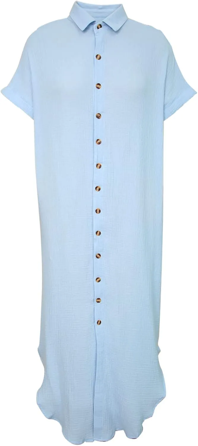 Dokotoo Womens Casual Short Sleeve Side Split Button Down Long Kimonos Cardigans Swimsuit Cover Ups Summer Beach Dress