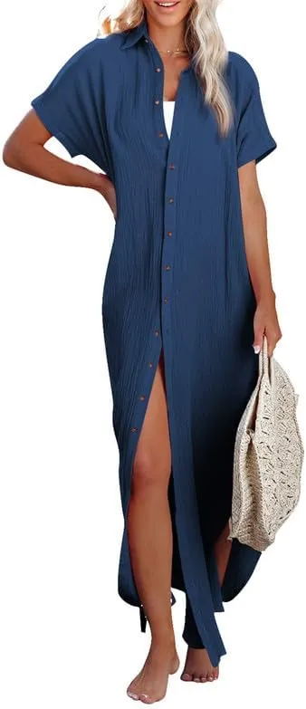 Dokotoo Womens Casual Short Sleeve Side Split Button Down Long Kimonos Cardigans Swimsuit Cover Ups Summer Beach Dress
