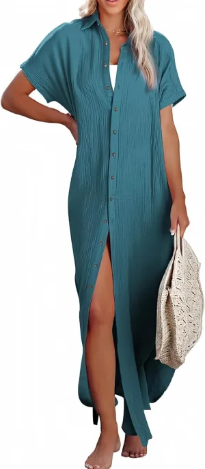 Dokotoo Womens Casual Short Sleeve Side Split Button Down Long Kimonos Cardigans Swimsuit Cover Ups Summer Beach Dress