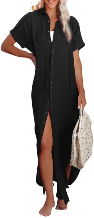 Dokotoo Womens Casual Short Sleeve Side Split Button Down Long Kimonos Cardigans Swimsuit Cover Ups Summer Beach Dress