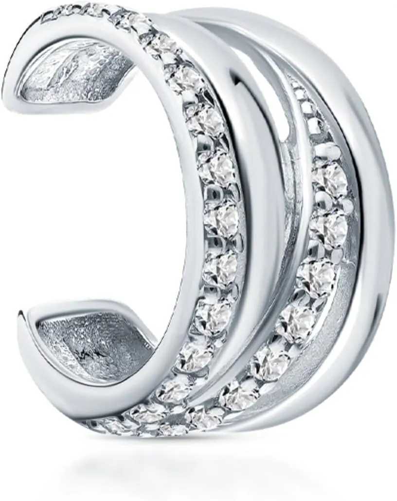 Double Line Diamond (0.12ct) Ear Cuff, 14K Gold Four Wire Ear Cuff Earring, No Piercing, Conch Wrap, Gifts For Women.