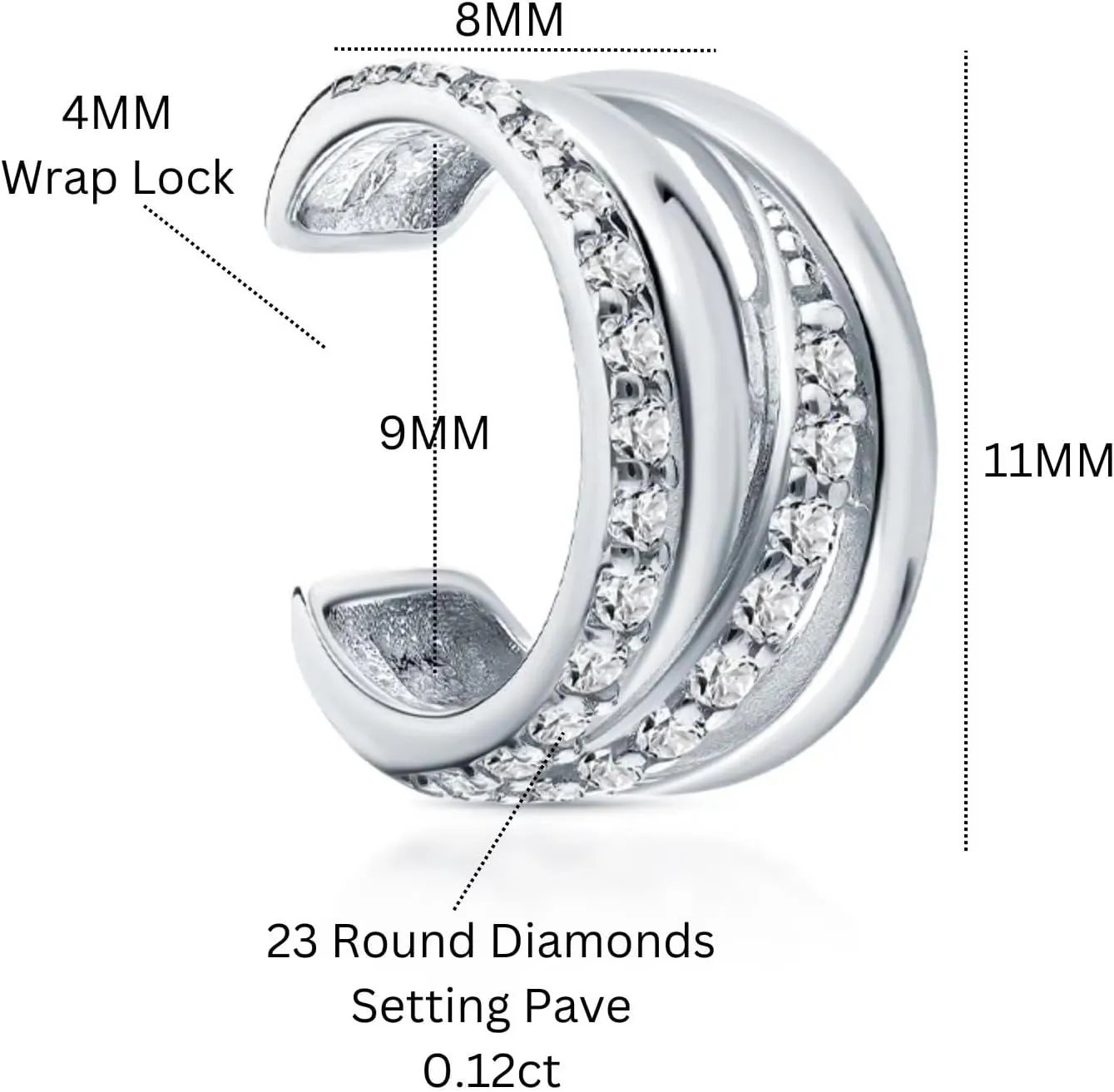 Double Line Diamond (0.12ct) Ear Cuff, 14K Gold Four Wire Ear Cuff Earring, No Piercing, Conch Wrap, Gifts For Women.
