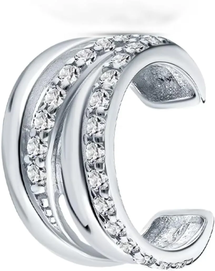 Double Line Diamond (0.12ct) Ear Cuff, 14K Gold Four Wire Ear Cuff Earring, No Piercing, Conch Wrap, Gifts For Women.