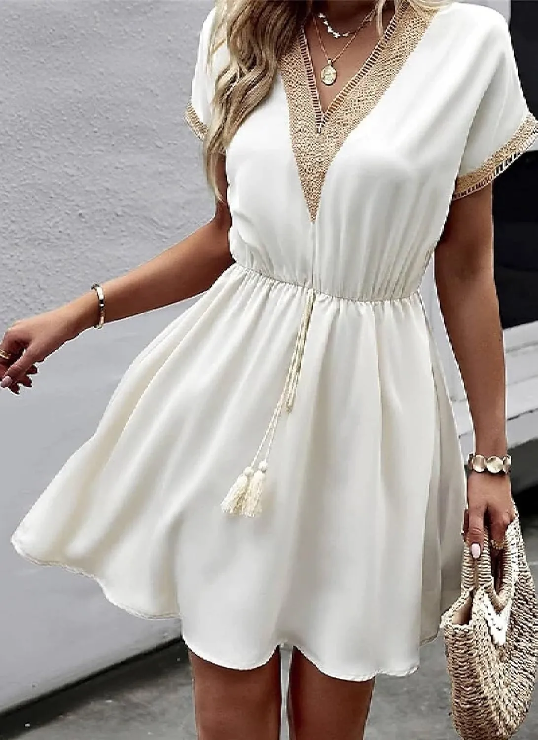 Dress for Women Neat Hollow V Neck Short Sleeve Mini Dress Plain Drawstring Waist A Line Dresses