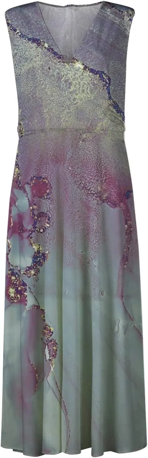 Dresses for Women 2025 Spring Summer Elegant Wrap V Neck Sleeveless Maxi Dress,Trendy Marble Print Flowy Beach Dress