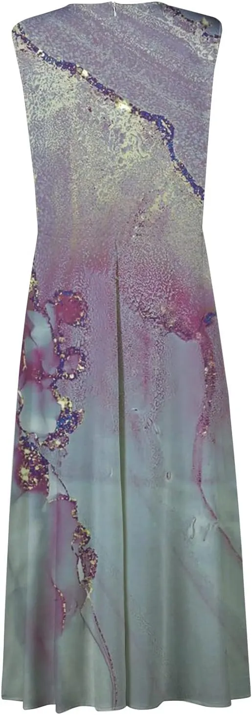 Dresses for Women 2025 Spring Summer Elegant Wrap V Neck Sleeveless Maxi Dress,Trendy Marble Print Flowy Beach Dress