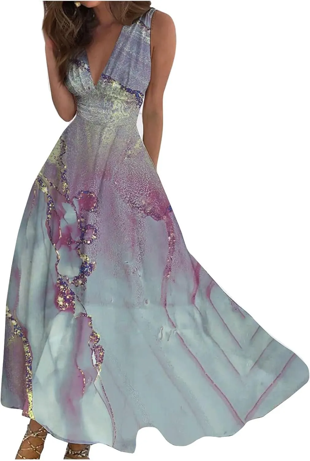 Dresses for Women 2025 Spring Summer Elegant Wrap V Neck Sleeveless Maxi Dress,Trendy Marble Print Flowy Beach Dress