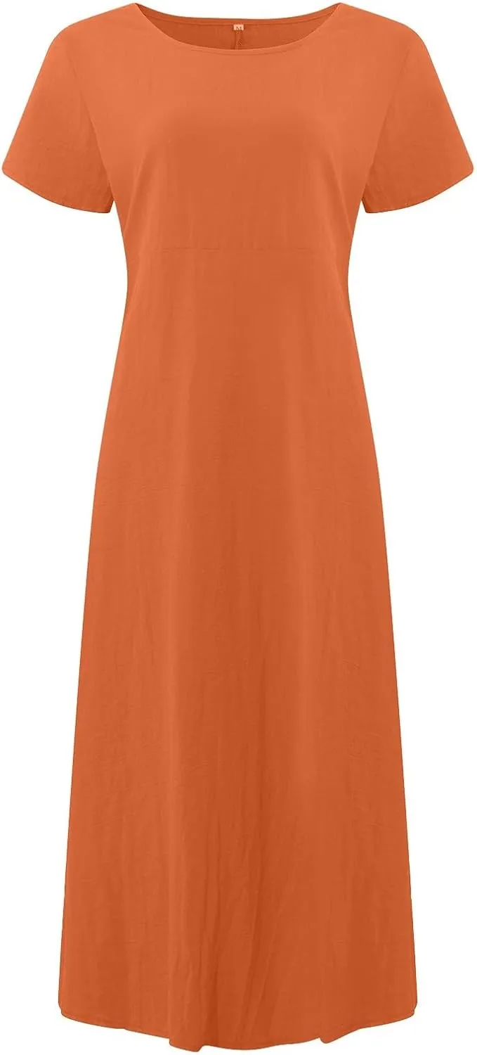 Dresses for Women 2025 Summer Cotton Linen Solid Gauze Dress Loose Casual Beach Vacation Flowy Midi Dress with Pockets