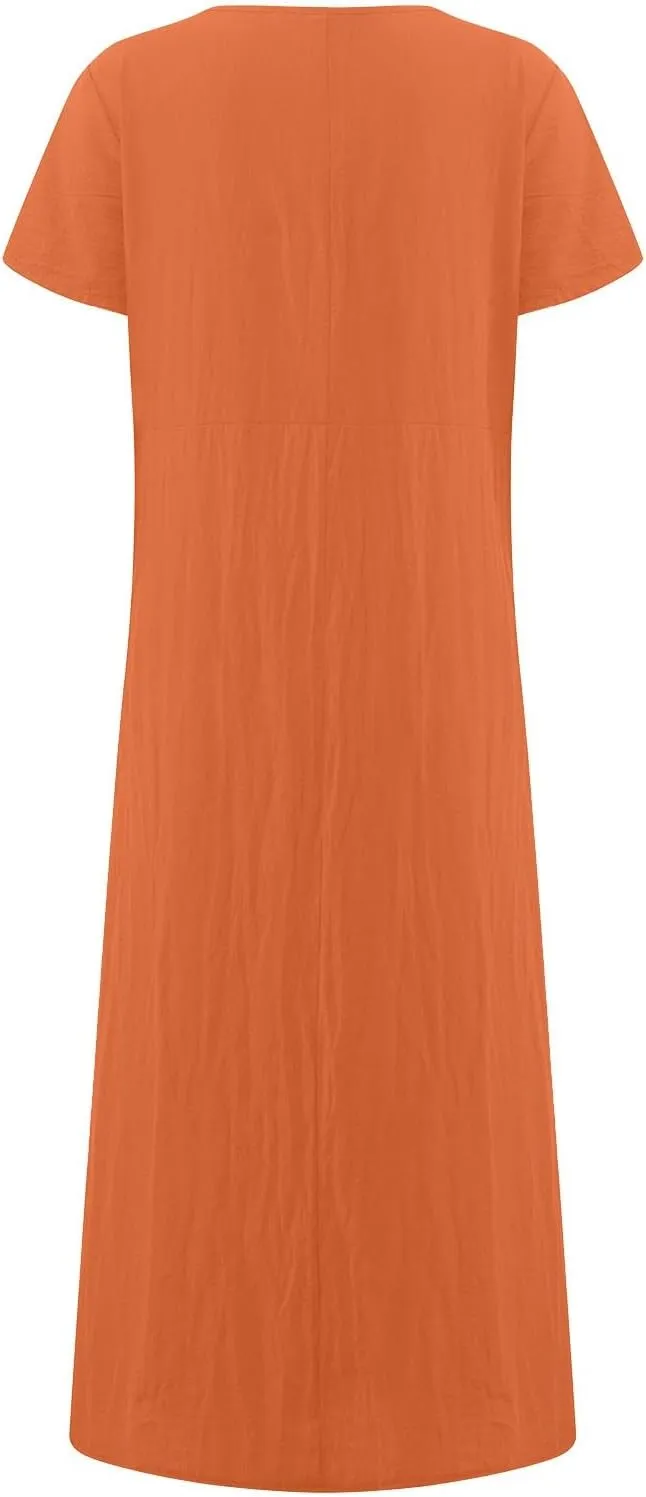 Dresses for Women 2025 Summer Cotton Linen Solid Gauze Dress Loose Casual Beach Vacation Flowy Midi Dress with Pockets