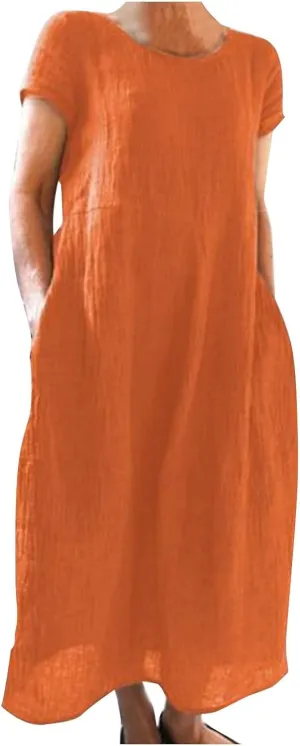 Dresses for Women 2025 Summer Cotton Linen Solid Gauze Dress Loose Casual Beach Vacation Flowy Midi Dress with Pockets