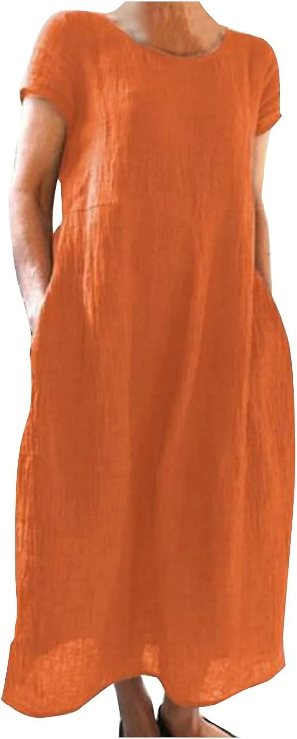 Dresses for Women 2025 Summer Cotton Linen Solid Gauze Dress Loose Casual Beach Vacation Flowy Midi Dress with Pockets