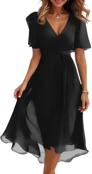 Dresses for Women 2025 Summer Print V-Neck Empire Waist Chiffon A-Line Dress Belted Elegant Flowy Dresses