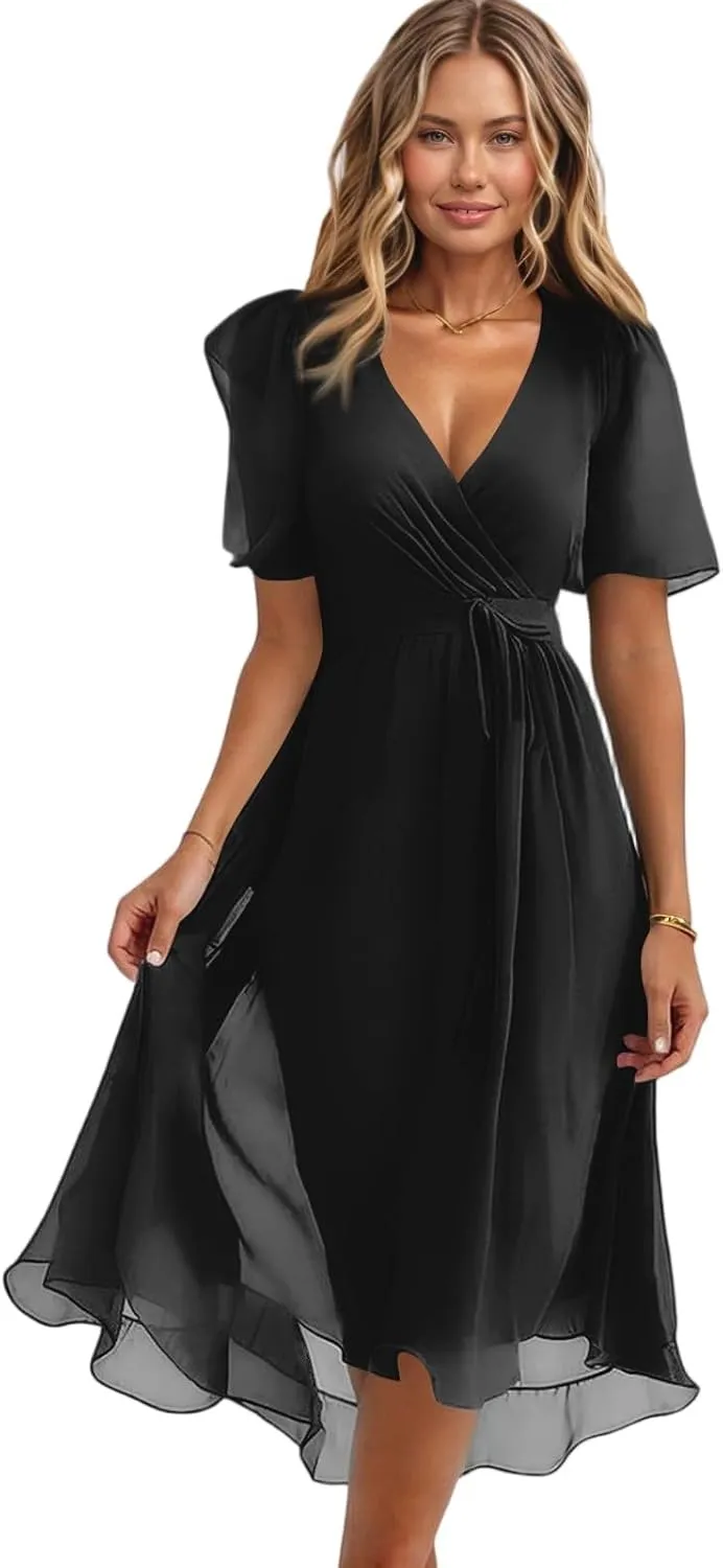 Dresses for Women 2025 Summer Print V-Neck Empire Waist Chiffon A-Line Dress Belted Elegant Flowy Dresses