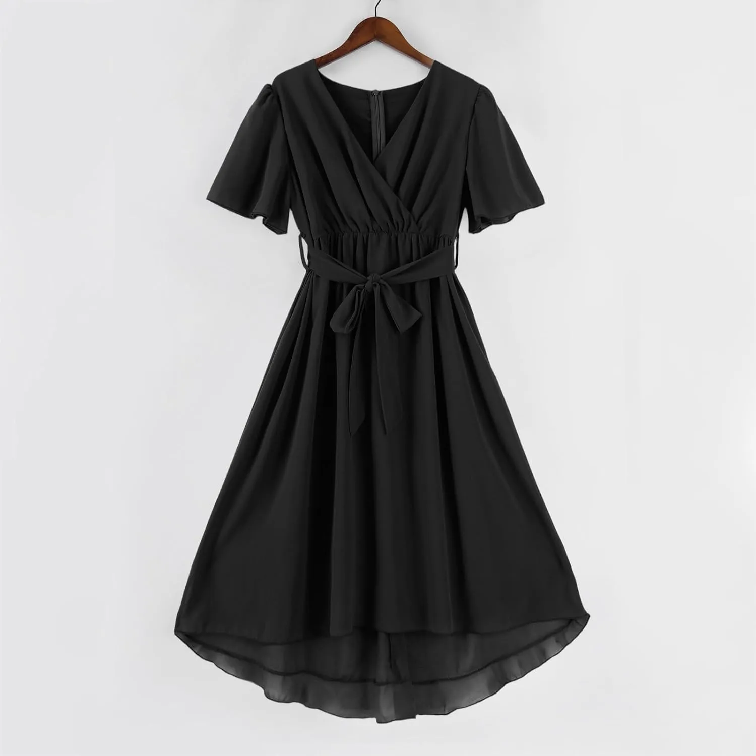 Dresses for Women 2025 Summer Print V-Neck Empire Waist Chiffon A-Line Dress Belted Elegant Flowy Dresses