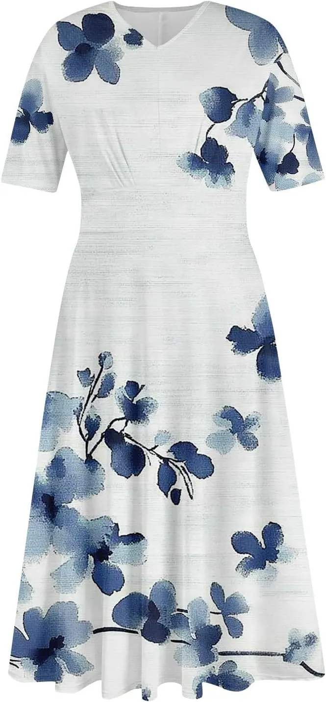 Dresses for Women Casual Floral Printed Oversize Maxi Dress Casual V Neck Short Sleeve Comfy Swing Sundress