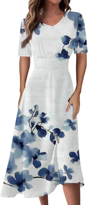Dresses for Women Casual Floral Printed Oversize Maxi Dress Casual V Neck Short Sleeve Comfy Swing Sundress