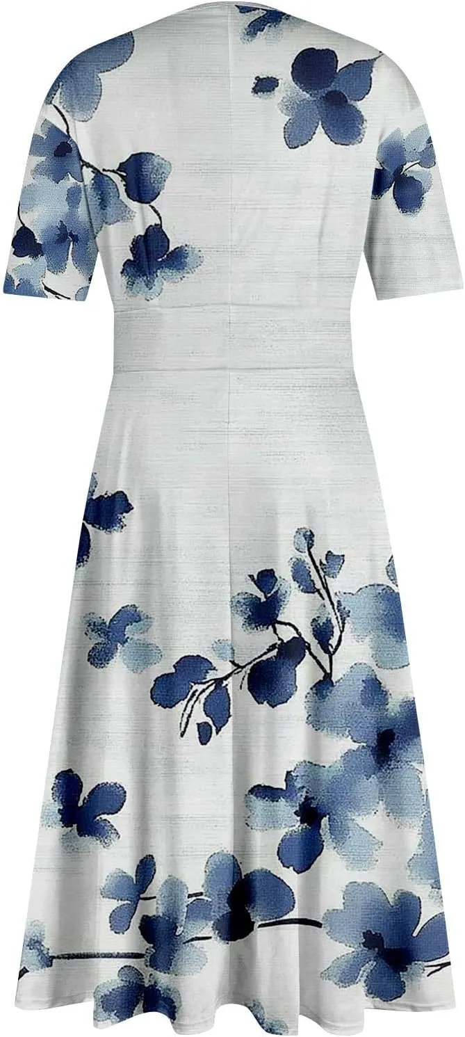 Dresses for Women Casual Floral Printed Oversize Maxi Dress Casual V Neck Short Sleeve Comfy Swing Sundress