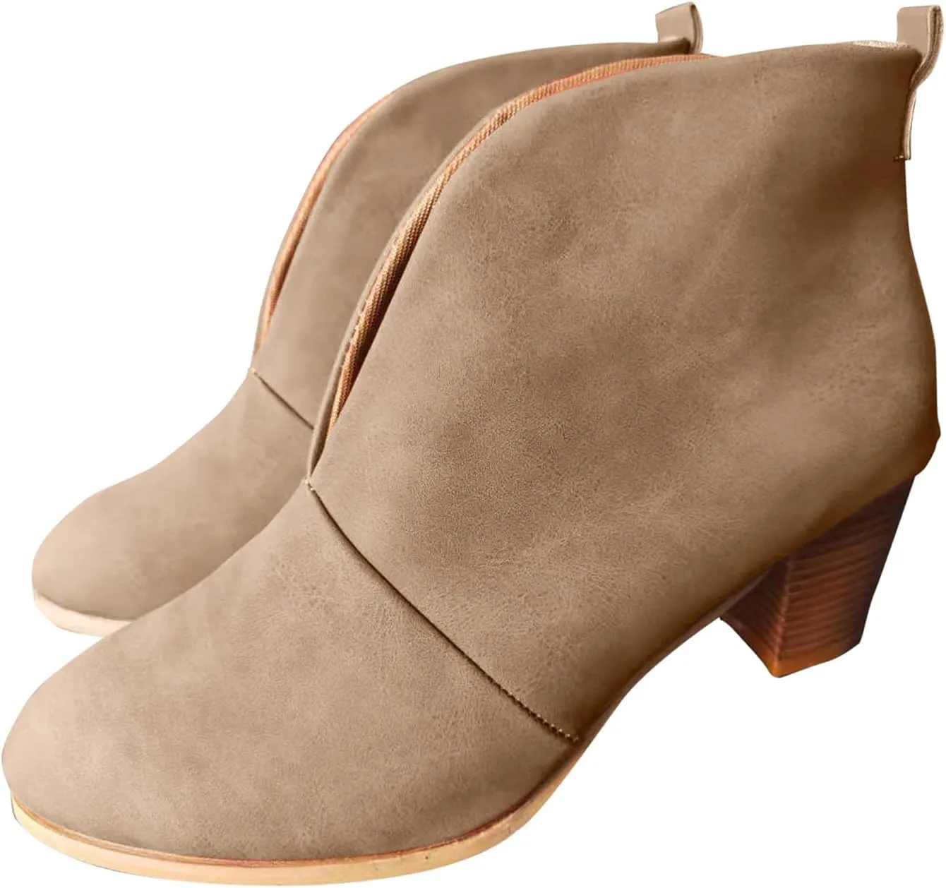 Dressy Ankle Boots for Women Stylish Almond Toe V Cut Pull On Booties Chunky Block Stacked Mid Heel Arch Support Short Boots for Women Daily Walking Winter Fall Fashion Party