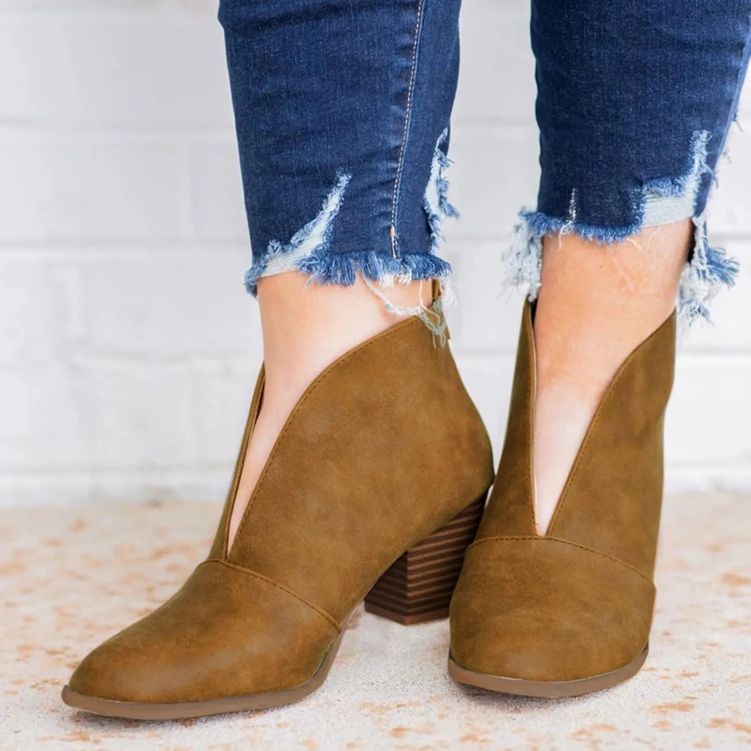 Dressy Ankle Boots for Women Stylish Almond Toe V Cut Pull On Booties Chunky Block Stacked Mid Heel Arch Support Short Boots for Women Daily Walking Winter Fall Fashion Party