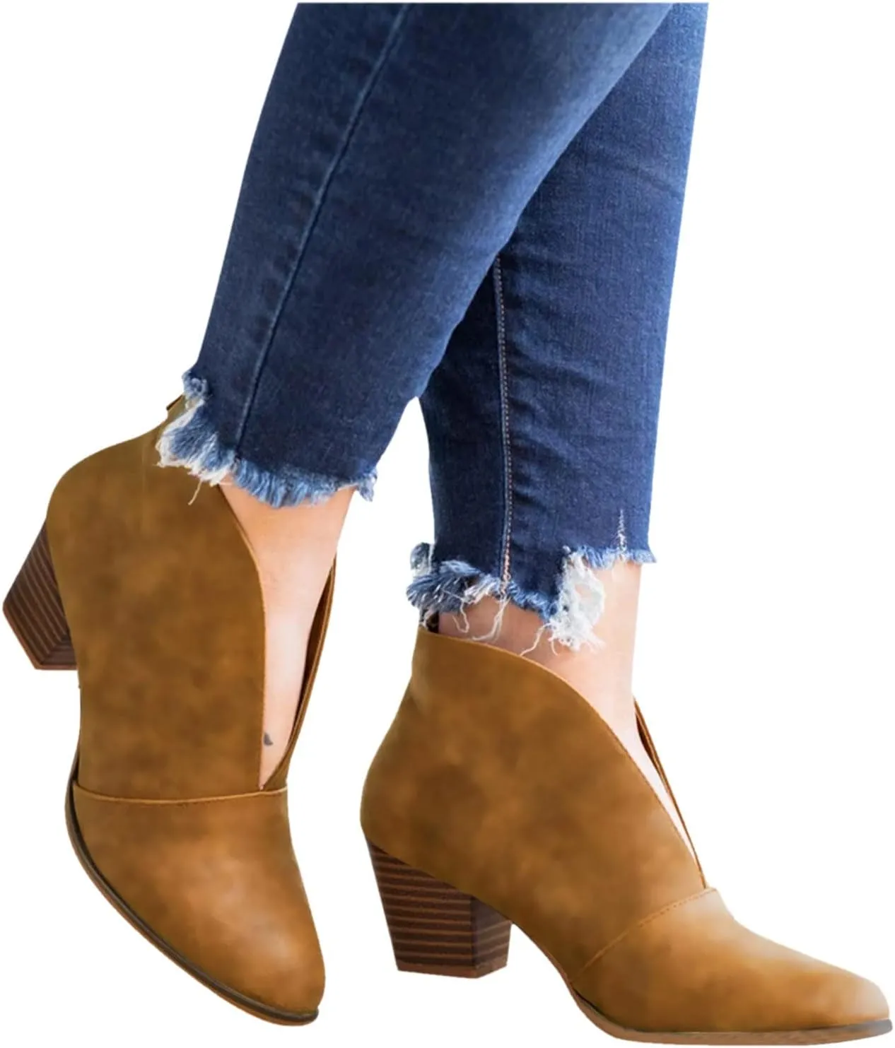 Dressy Ankle Boots for Women Stylish Almond Toe V Cut Pull On Booties Chunky Block Stacked Mid Heel Arch Support Short Boots for Women Daily Walking Winter Fall Fashion Party