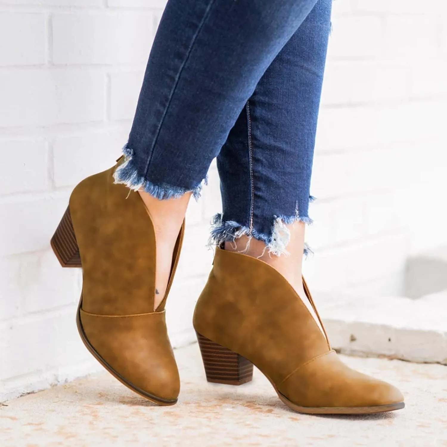Dressy Ankle Boots for Women Stylish Almond Toe V Cut Pull On Booties Chunky Block Stacked Mid Heel Arch Support Short Boots for Women Daily Walking Winter Fall Fashion Party