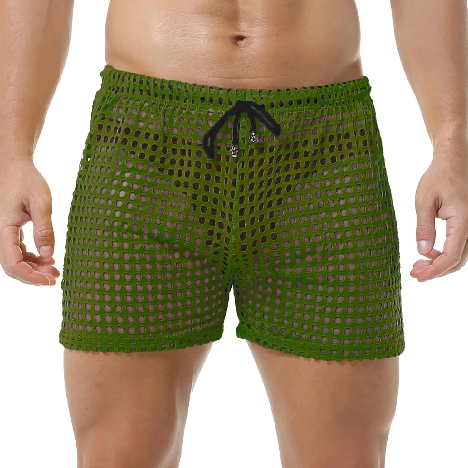 DTODWW Mens Fishnet Underwear Boxer Shorts Mesh Trunks See Through Shorts with Drawstring Nightwear Shorts