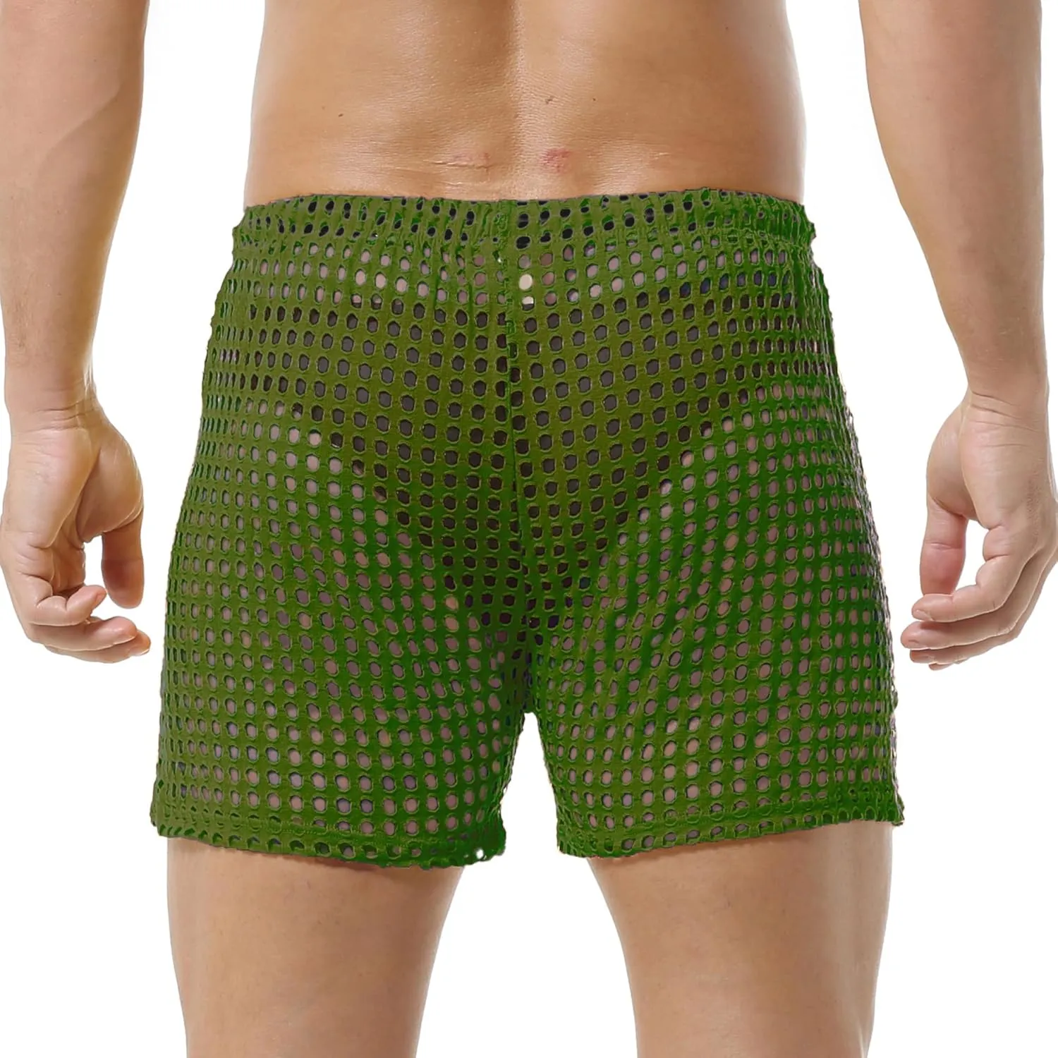 DTODWW Mens Fishnet Underwear Boxer Shorts Mesh Trunks See Through Shorts with Drawstring Nightwear Shorts