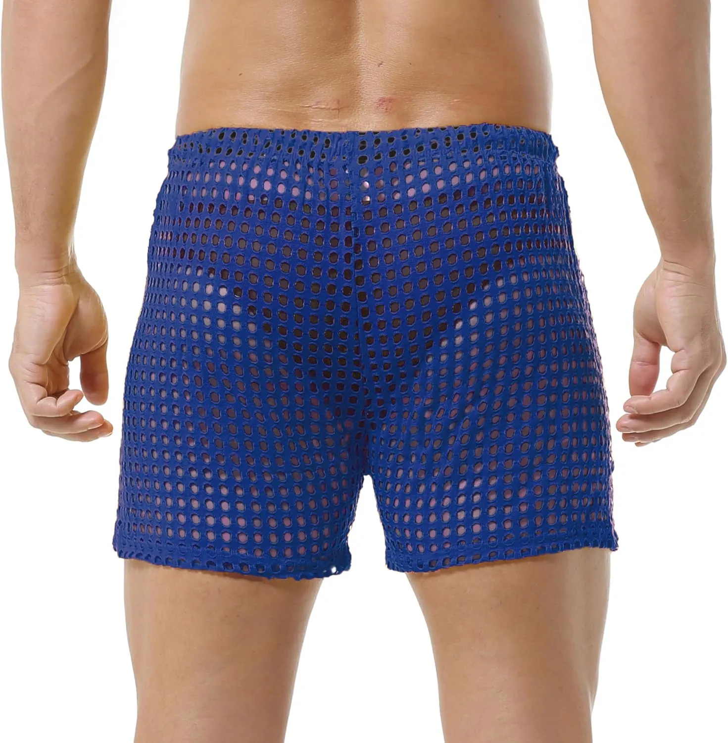 DTODWW Mens Fishnet Underwear Boxer Shorts Mesh Trunks See Through Shorts with Drawstring Nightwear Shorts