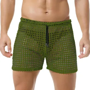 DTODWW Mens Fishnet Underwear Boxer Shorts Mesh Trunks See Through Shorts with Drawstring Nightwear Shorts