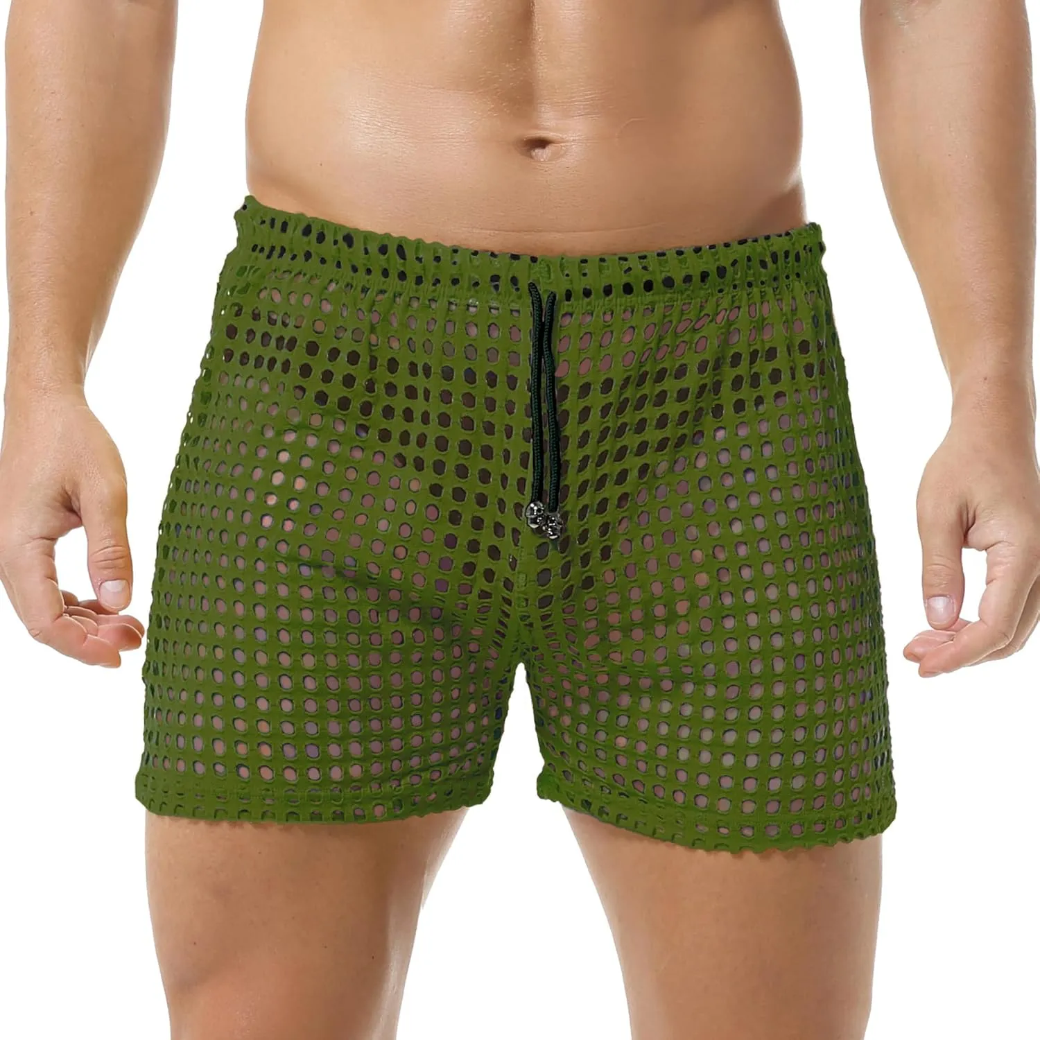 DTODWW Mens Fishnet Underwear Boxer Shorts Mesh Trunks See Through Shorts with Drawstring Nightwear Shorts