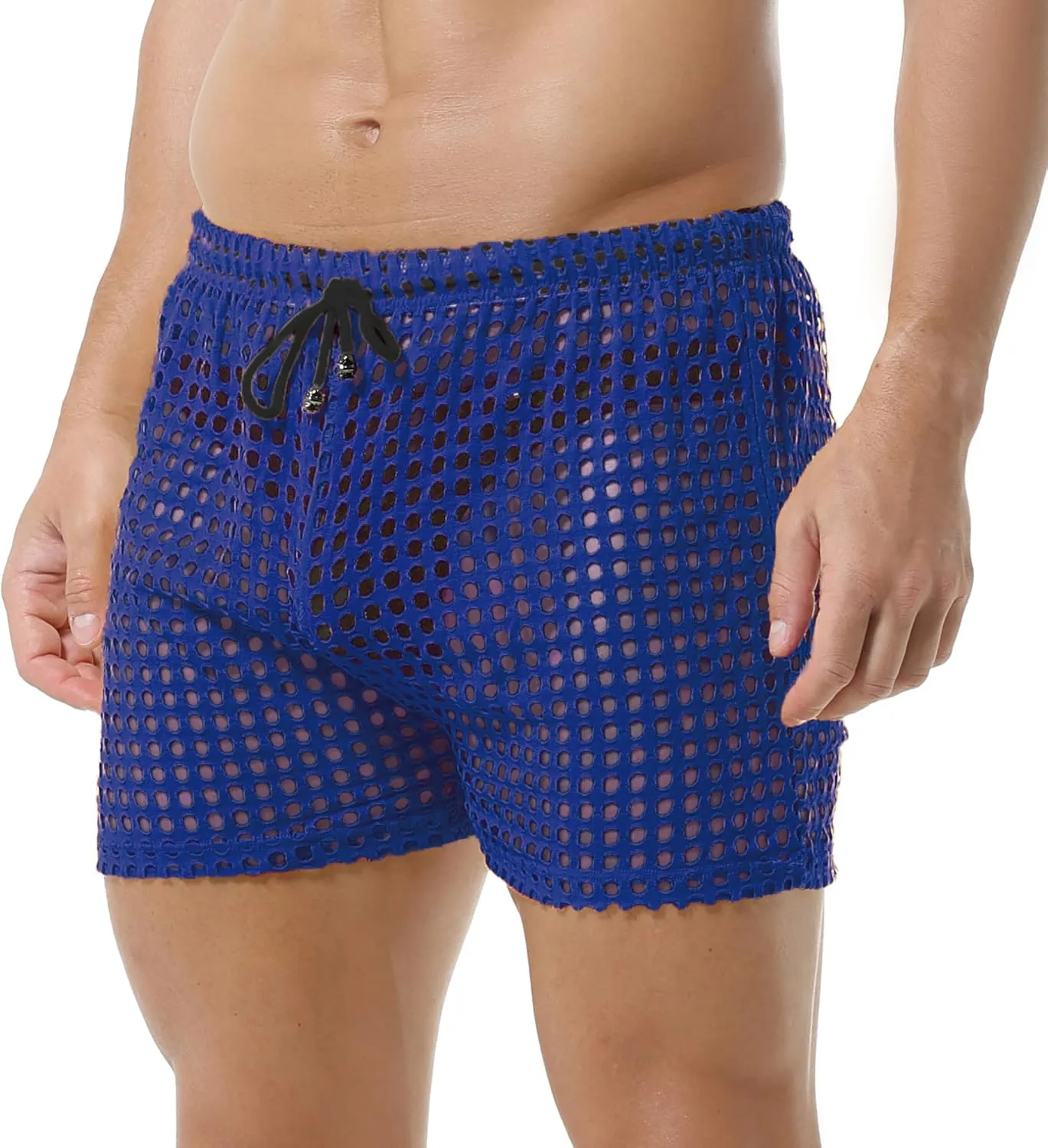DTODWW Mens Fishnet Underwear Boxer Shorts Mesh Trunks See Through Shorts with Drawstring Nightwear Shorts