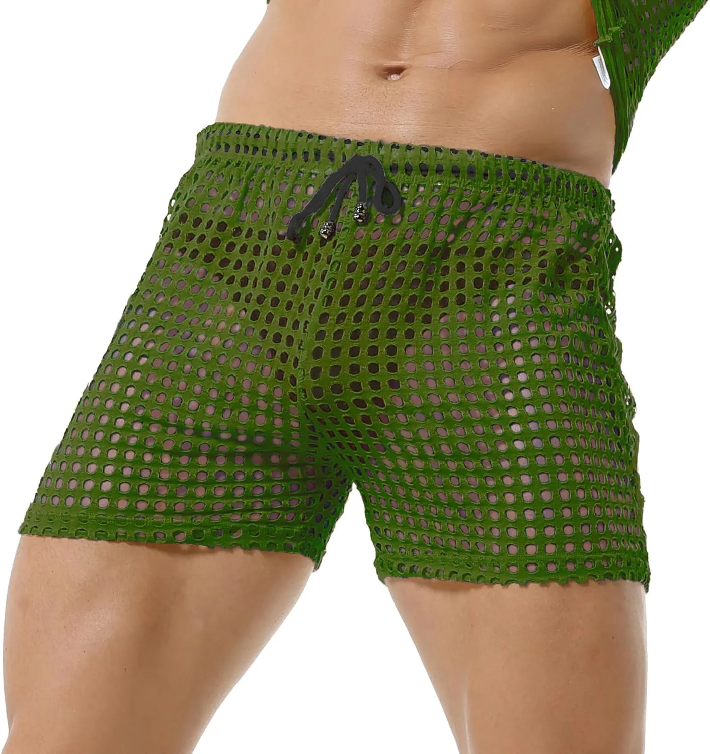 DTODWW Mens Fishnet Underwear Boxer Shorts Mesh Trunks See Through Shorts with Drawstring Nightwear Shorts