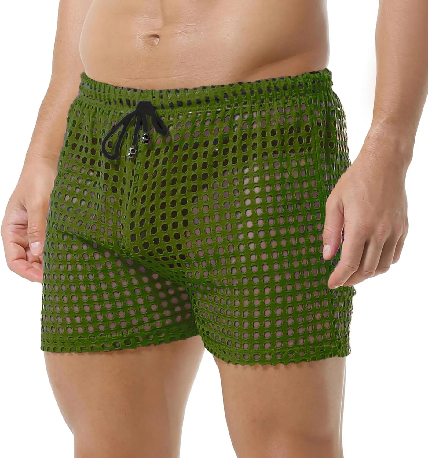 DTODWW Mens Fishnet Underwear Boxer Shorts Mesh Trunks See Through Shorts with Drawstring Nightwear Shorts