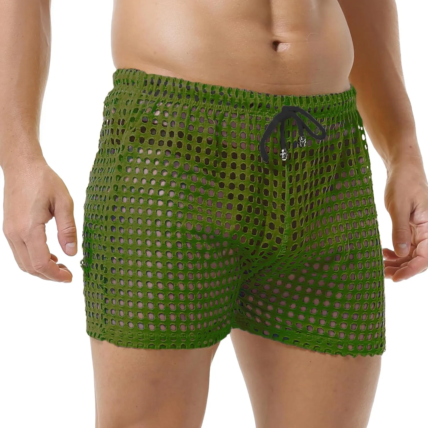 DTODWW Mens Fishnet Underwear Boxer Shorts Mesh Trunks See Through Shorts with Drawstring Nightwear Shorts