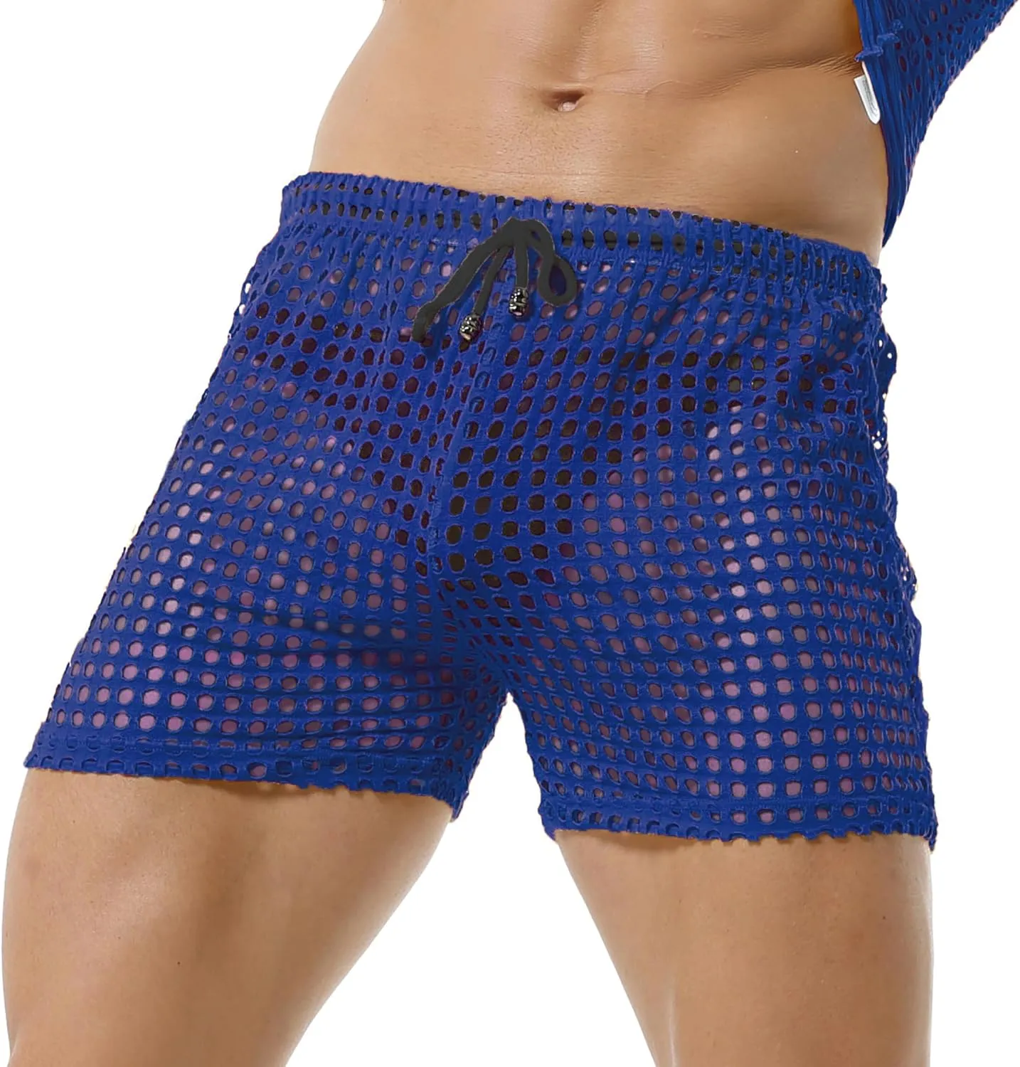 DTODWW Mens Fishnet Underwear Boxer Shorts Mesh Trunks See Through Shorts with Drawstring Nightwear Shorts