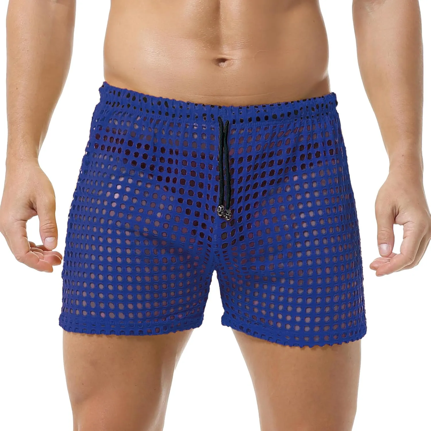 DTODWW Mens Fishnet Underwear Boxer Shorts Mesh Trunks See Through Shorts with Drawstring Nightwear Shorts