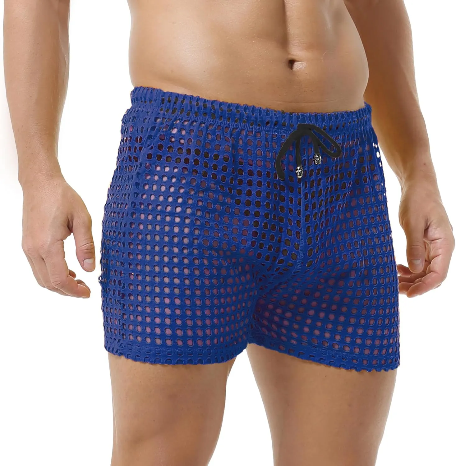 DTODWW Mens Fishnet Underwear Boxer Shorts Mesh Trunks See Through Shorts with Drawstring Nightwear Shorts