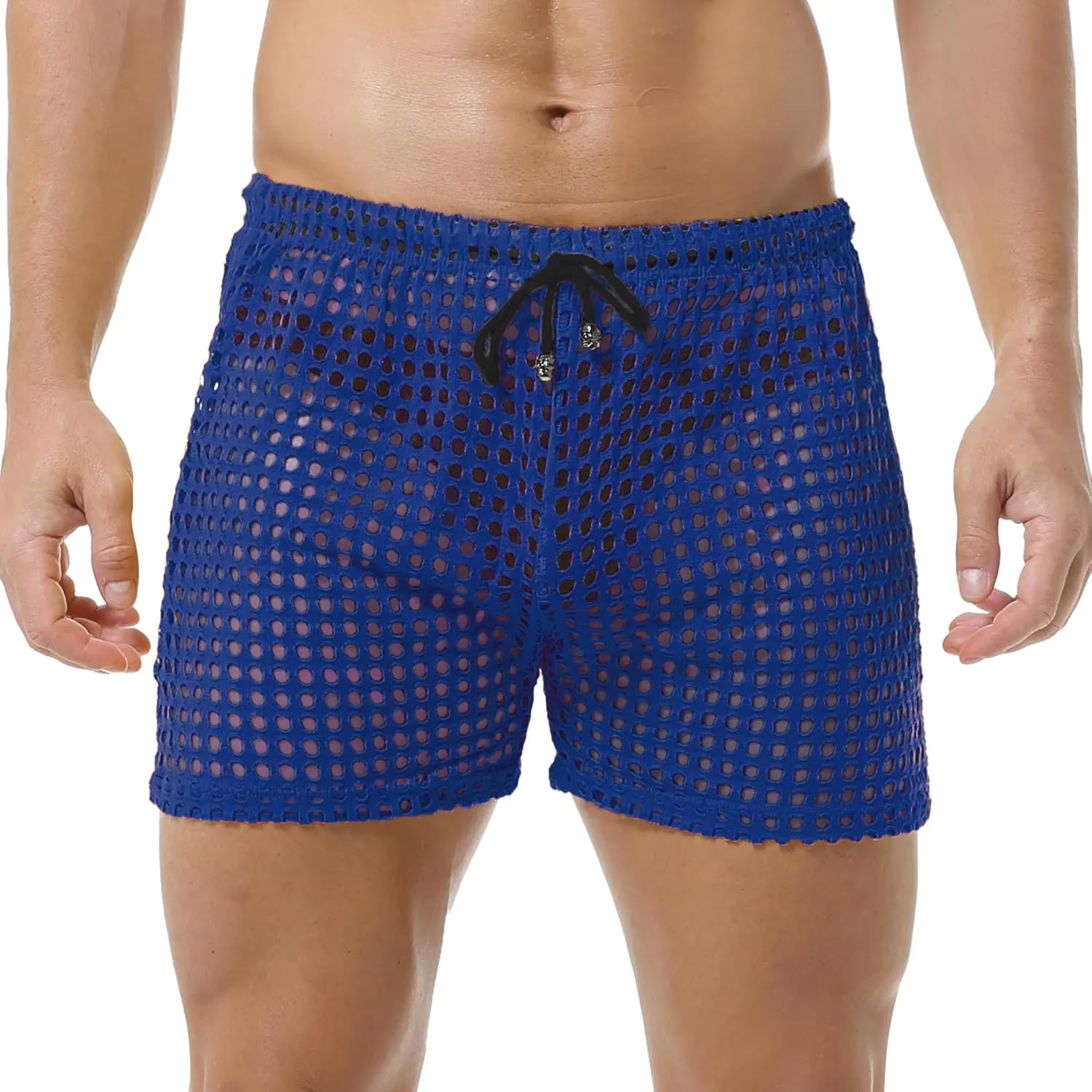 DTODWW Mens Fishnet Underwear Boxer Shorts Mesh Trunks See Through Shorts with Drawstring Nightwear Shorts