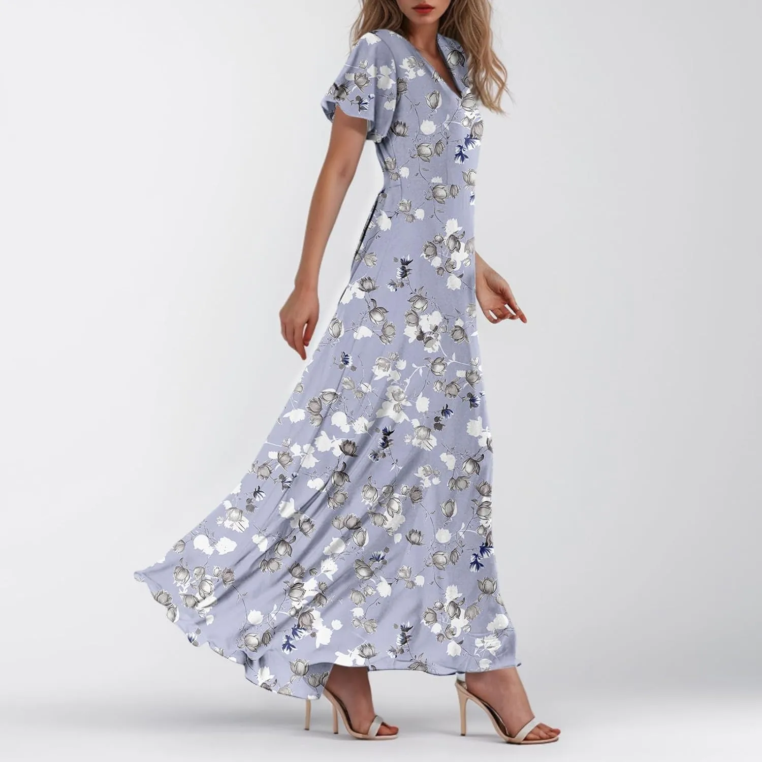 Easter Dresses for Women 2025 Summer Floral Chiffon Sun Dress Flowy Vacation Outfits Boho V Neck Ruffle Dress Beach Dress
