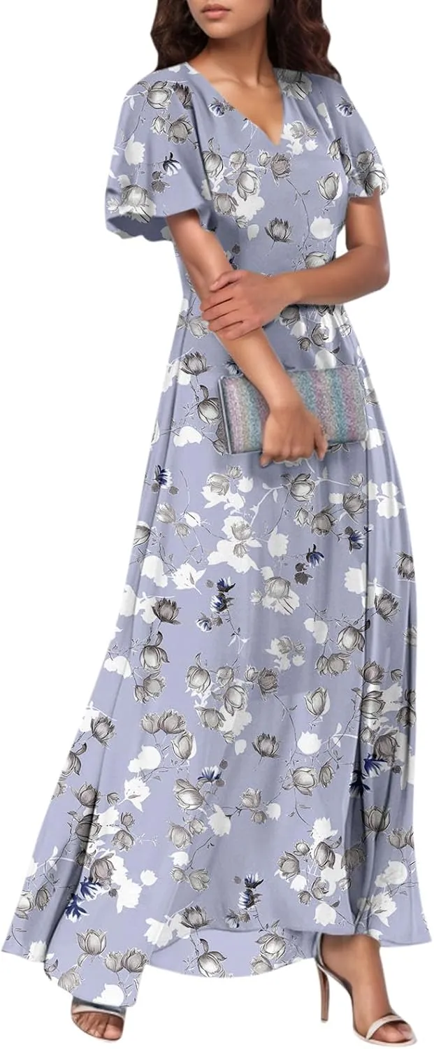 Easter Dresses for Women 2025 Summer Floral Chiffon Sun Dress Flowy Vacation Outfits Boho V Neck Ruffle Dress Beach Dress