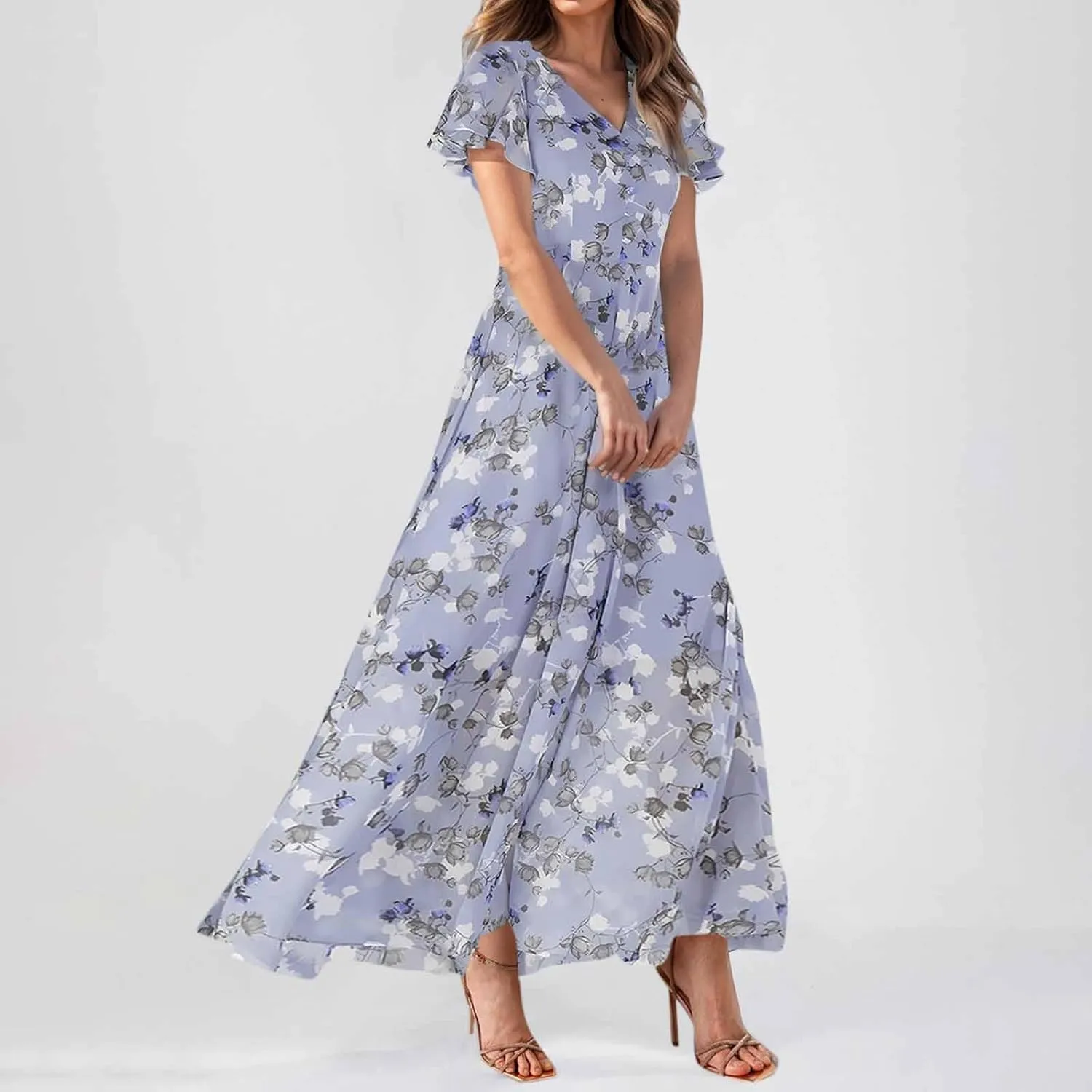 Easter Dresses for Women 2025 Summer Floral Chiffon Sun Dress Flowy Vacation Outfits Boho V Neck Ruffle Dress Beach Dress