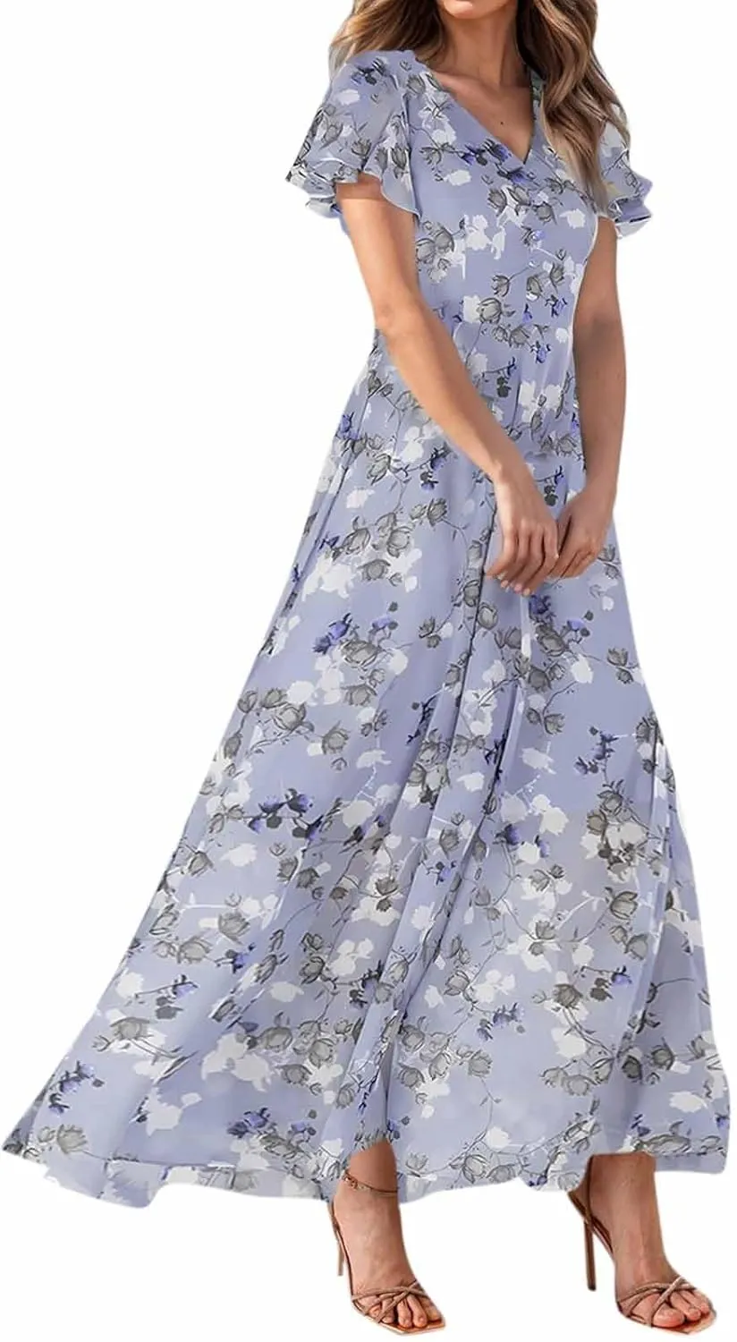 Easter Dresses for Women 2025 Summer Floral Chiffon Sun Dress Flowy Vacation Outfits Boho V Neck Ruffle Dress Beach Dress