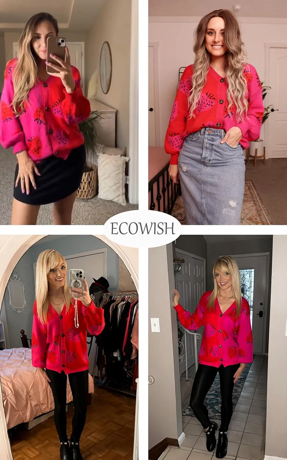 ECOWISH Women Floral Cropped Cardigan: Fall Long Sleeve Open Front Fuzzy Daisy Print Knit Sweaters Casual Y2k Outerwear
