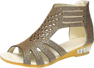 Eduavar Sandals for Women Casual Summer, Wedge Sandals for Women Fashion Rhinestone Open Toe Low Wedge Sandals Zip Up Shoes